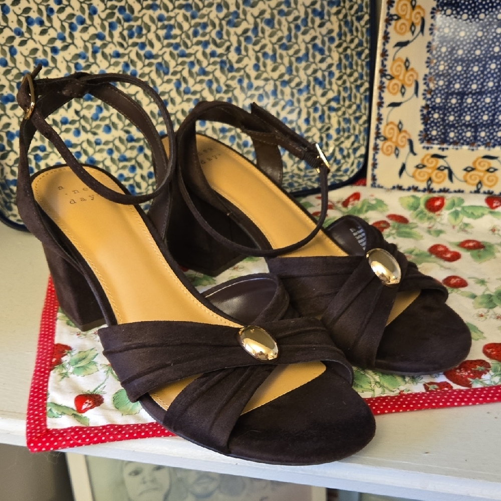 Dark Brown Suede Bibi Strappy Peep Toe Gold Accent Heels